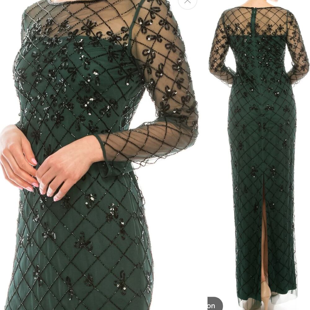 Adrianna Papell Emerald Green Sequin Embellished Long Sleeve Maxi Dress Size 8